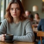 Een vrouw drinkt koffie en lijkt geconcentreerd in een café
