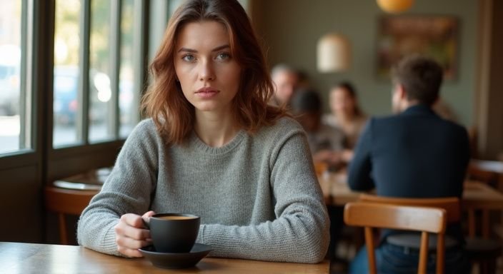 Een vrouw drinkt koffie en lijkt geconcentreerd in een café