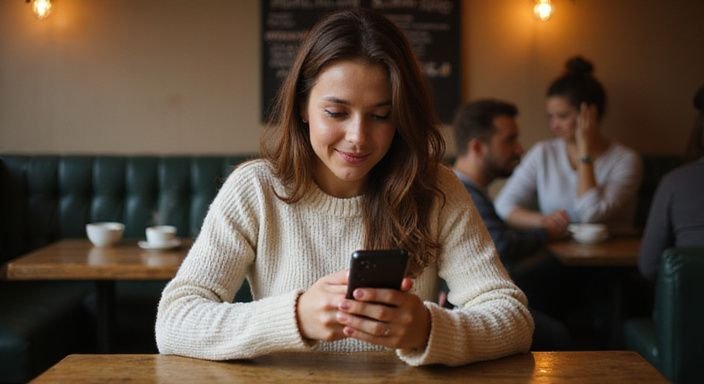 Een vrouw in een koffiehuis, bezig met haar smartphone. Een vrouw in een koffiehuis, bezig met haar smartphone