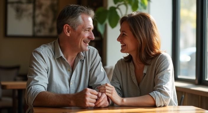 Een man en vrouw delen een intiem gesprek aan een houten tafel.