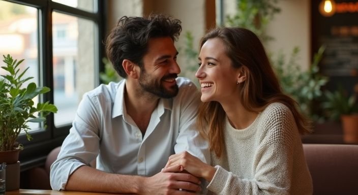 Jong koppel lacht samen in een gezellige caféomgeving en hij gaat vrouwen versieren.