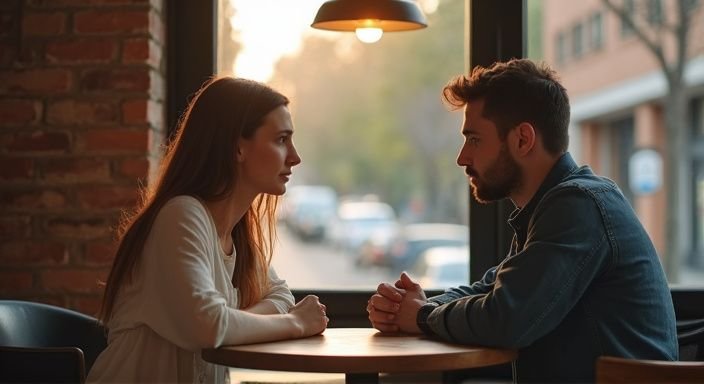 Een jong stel heeft een intense, persoonlijke conversatie in een café