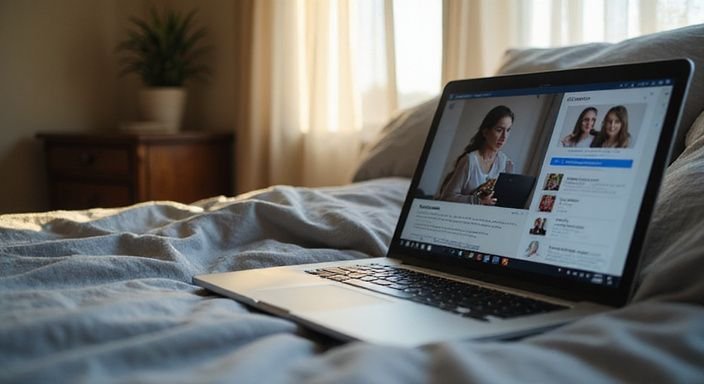 Een slaapkamer met een laptop en een datingwebsite op het scherm