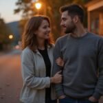 Een man en vrouw staan ontspannen op een rustige straat