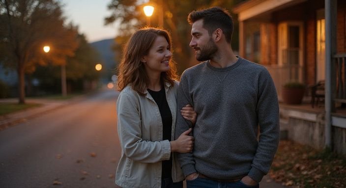 Een man en vrouw staan ontspannen op een rustige straat