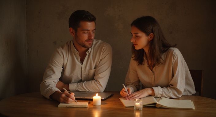 Een man en vrouw plannen samen aan een houten tafel