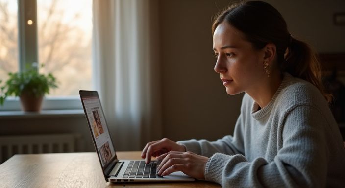 Een vrouw in een grijze trui scrollt bezorgd door advertenties