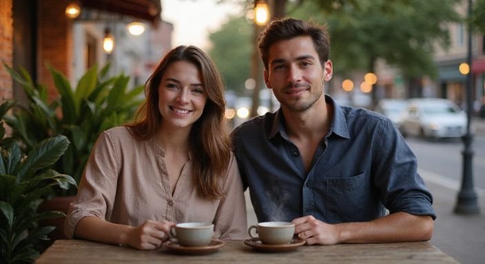 Een jong stel geniet van elkaars gezelschap bij een café