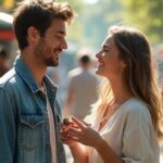 Een jong stel geniet van hun tijd op een drukke vlooienmarkt