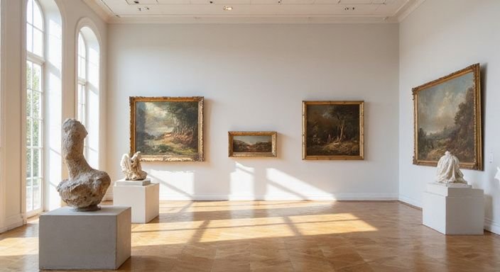 Een lege kunstgalerie met diverse schilderijen en sculpturen