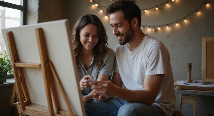 Een jong stel geniet van samen schilderen in een gezellige studio