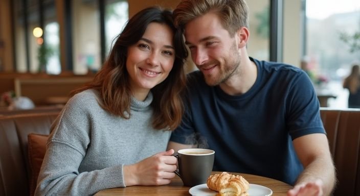 Een vrouw en man delen een intiem gesprek in een koffiehuis