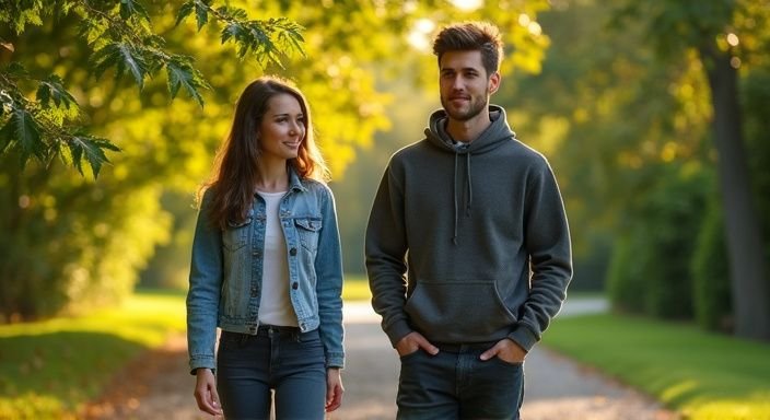 Een vrouw en man wandelen samen op een kronkelig pad in het park