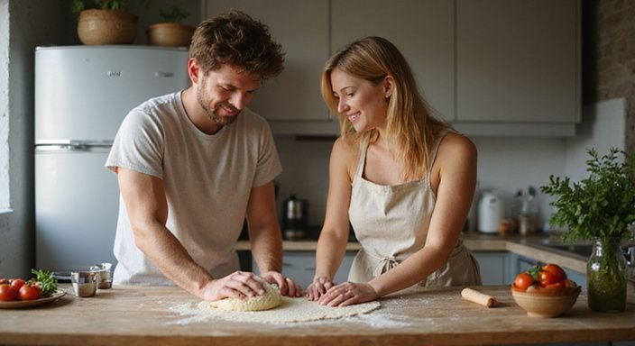 Een man en vrouw koken samen in hun gezellige keuken