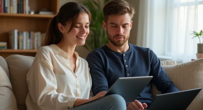 Een jong stel zit samen op een sofa, geconcentreerd op hun laptops