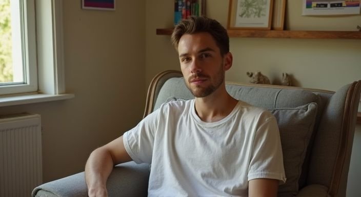 Een jongeman in een comfortabele stoel praat online in het Nederlands