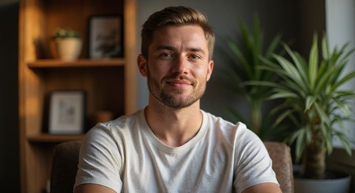 Een ontspannen jongeman zit in een uitnodigende, eenvoudige kamer