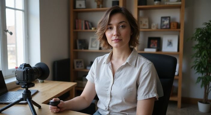 Een transgender persoon zit ontspannen in een gezellige thuiskantoorruimte