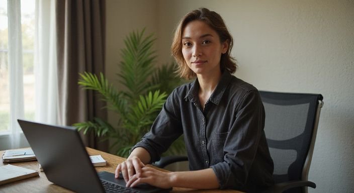 Een jonge volwassene zit zelfverzekerd in een moderne stoel