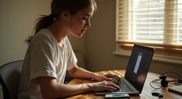 Een persoon werkt ontspannen aan een bureau vol persoonlijke spullen