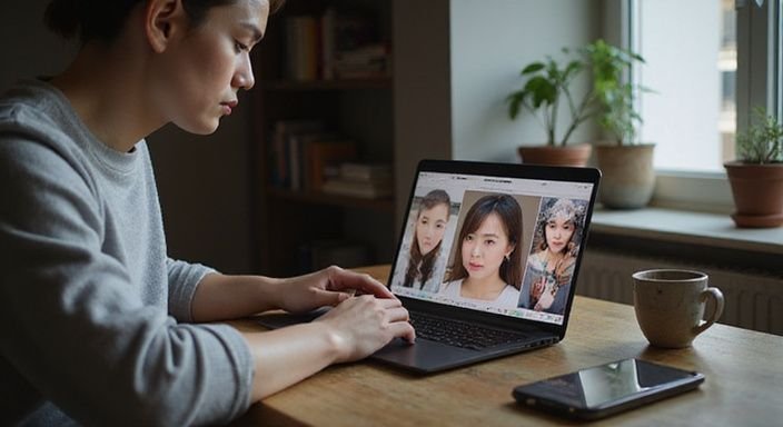 Een persoon browse op een laptop naar cam performers in een rustige kamer. Een persoon browse op een laptop naar cam performers in een rustige kamer