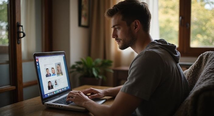 Een jonge volwassene werkt gefocust op een laptop in een gezellige kamer. Een jonge volwassene werkt gefocust op een laptop in een gezellige kamer