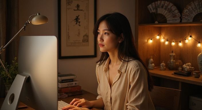 Een jonge vrouw zit geconcentreerd achter een moderne computer. Een jonge vrouw zit geconcentreerd achter een moderne computer