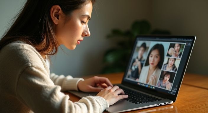 Een jonge vrouw bekijkt aandachtig live video’s op haar laptop. Een jonge vrouw bekijkt aandachtig live video’s op haar laptop