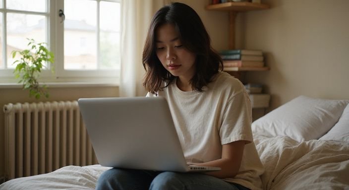 Een jonge vrouw zit op bed tijdens een videocall. Een jonge vrouw zit op bed tijdens een videocall
