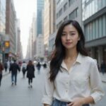 Een jonge vrouw staat contemplatief op een drukke stadsstraat