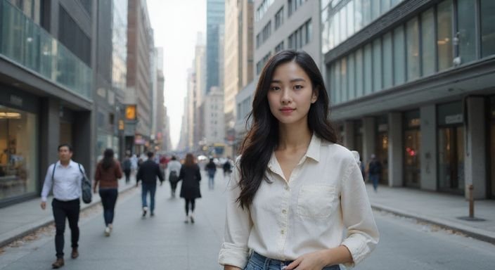 Een jonge vrouw staat contemplatief op een drukke stadsstraat