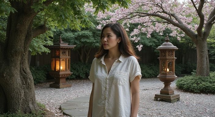 Een serene Aziatische tuin met bloesembomen en charmante houten lantaarns. Een serene Aziatische tuin met bloesembomen en charmante houten lantaarns.