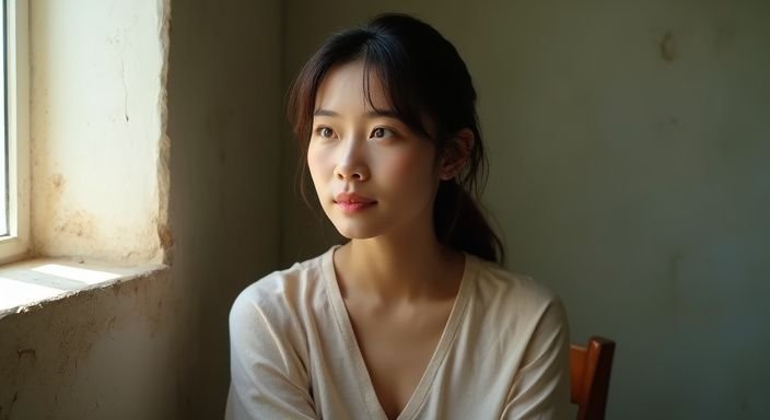 Een vrouw zit rustig in een eenvoudige, serene omgeving. Een vrouw zit rustig in een eenvoudige, serene omgeving en wil een Aziatische vrouwen sexdating.