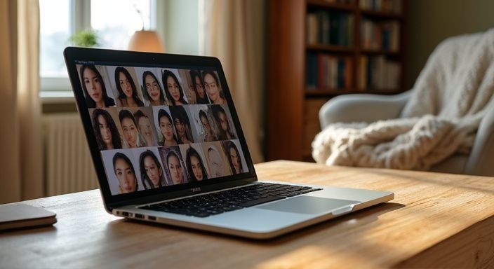 Een laptop toont profielafbeeldingen op een houten bureau in een slaapkamer. Een laptop toont profielafbeeldingen voor Aziatische vrouwen sexdating op een houten bureau in een slaapkamer.