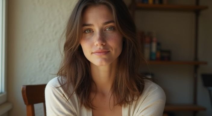 Een jonge vrouw zit ontspannen in een eenvoudig ingerichte kamer en wil Brunette Webcamseks