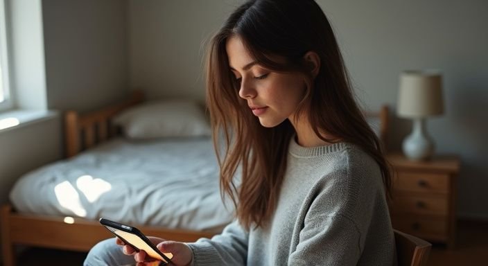 Een vrouw in een eenvoudige slaapkamer met een ontspannen uitstraling