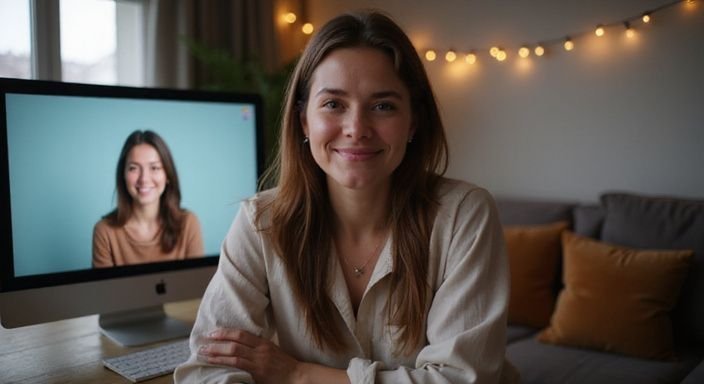 Een vrouw in een videochat voor Brunette Webcamseks, omringd door een gezellige woonkamer