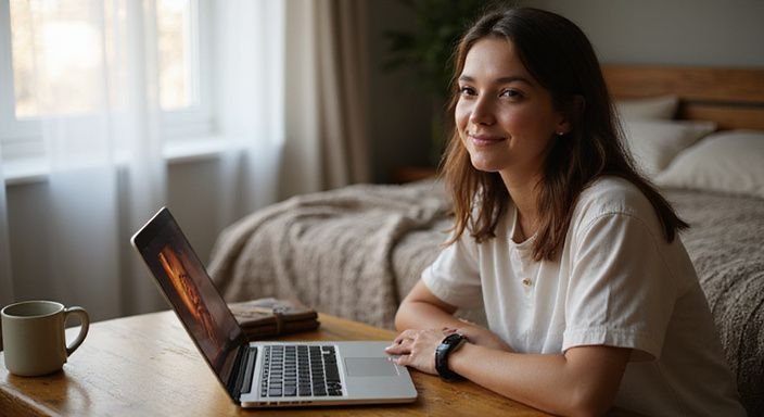 Een informele slaapkamer met een vrouw achter een laptop