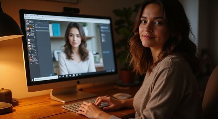 Een vrouw voert een videobellen gesprek met warme interacties tijdens Brunette Webcamseks
