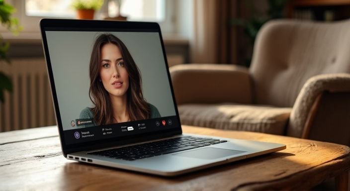 Een laptop toont een attente vrouw in een videobellen chat met Brunette Webcamseks