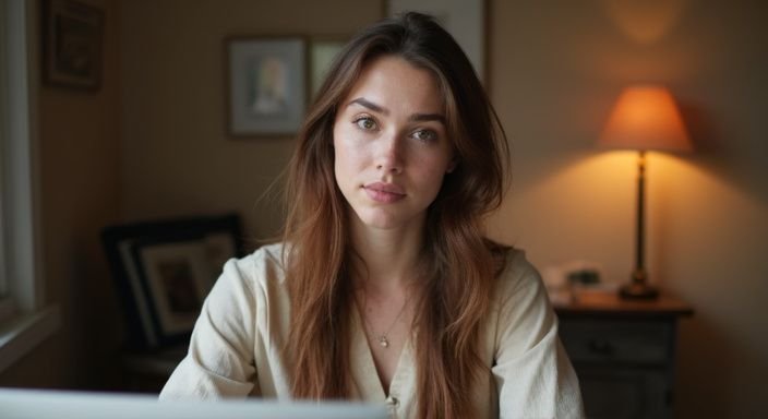 Een vrouw in haar twenties, ontspannen achter haar bureau, streamt