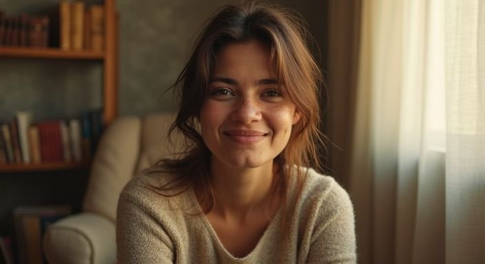 Een vrouw met bruin haar zit ontspannen in een gezellige kamer