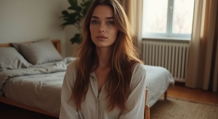 Een vrouw met lang kastanjebruin haar zit in een eenvoudige stoel