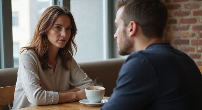 Een vrouw en een man genieten van een intieme conversatie in een café. Een vrouw en een man genieten van een cougar dating in een café.