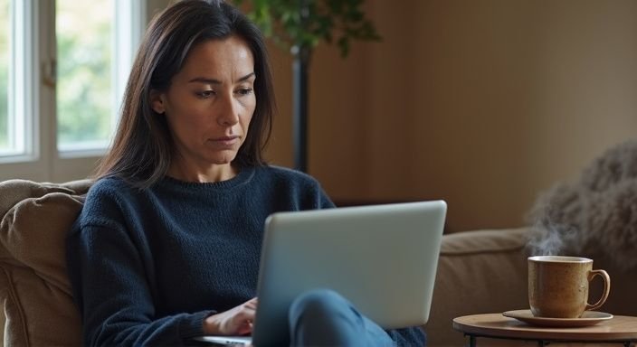 Een vrouw in gedachten, kijkend naar een datingwebsite op haar laptop. Een vrouw in gedachten, kijkend naar een datingwebsite op haar laptop.