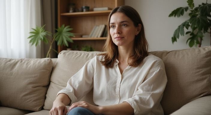 Een vrouw in een modieuze blouse zit ontspannen in een woonkamer. Een vrouw in een modieuze blouse zit ontspannen in een woonkamer.