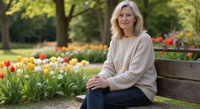 Een vrouw zit ontspannen op een bank, omringd door bloemen. Een vrouw zit ontspannen op een bank, omringd door bloemen en wil cougar dating.
