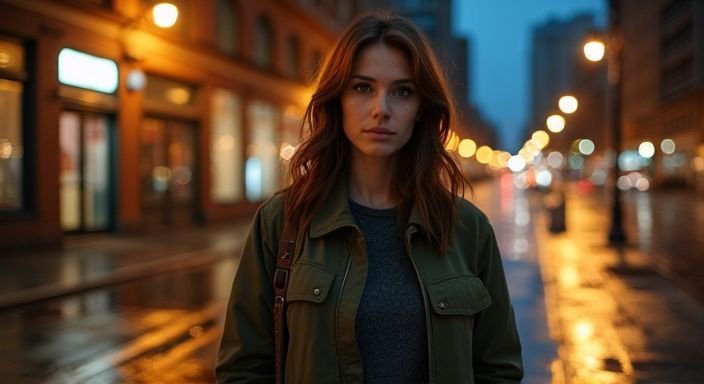 Een zelfverzekerde vrouw op een natte stadsstoep bij nacht. Een zelfverzekerde vrouw op een natte stadsstoep bij nacht.