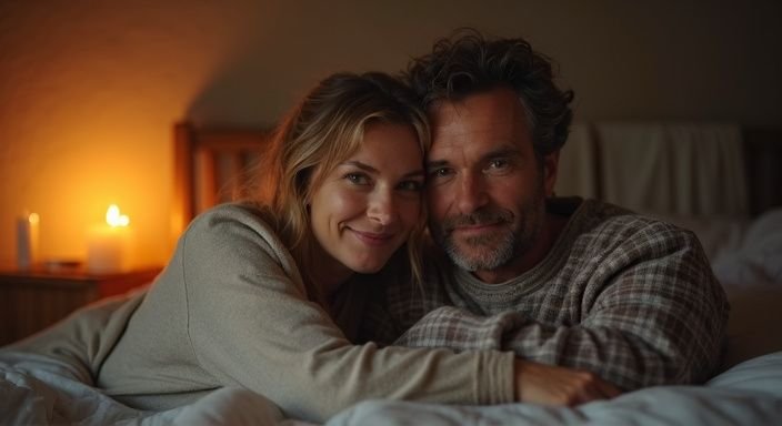 Een middel ouder echtpaar omhelst elkaar liefdevol in hun slaapkamer. Een middel ouder echtpaar omhelst elkaar liefdevol in hun slaapkamer