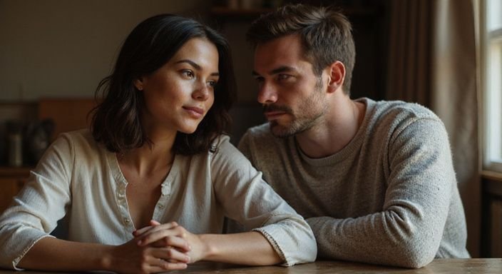 Een man en vrouw delen een intiem gesprek aan een houten tafel. Een man en vrouw delen een intiem gesprek aan een houten tafel